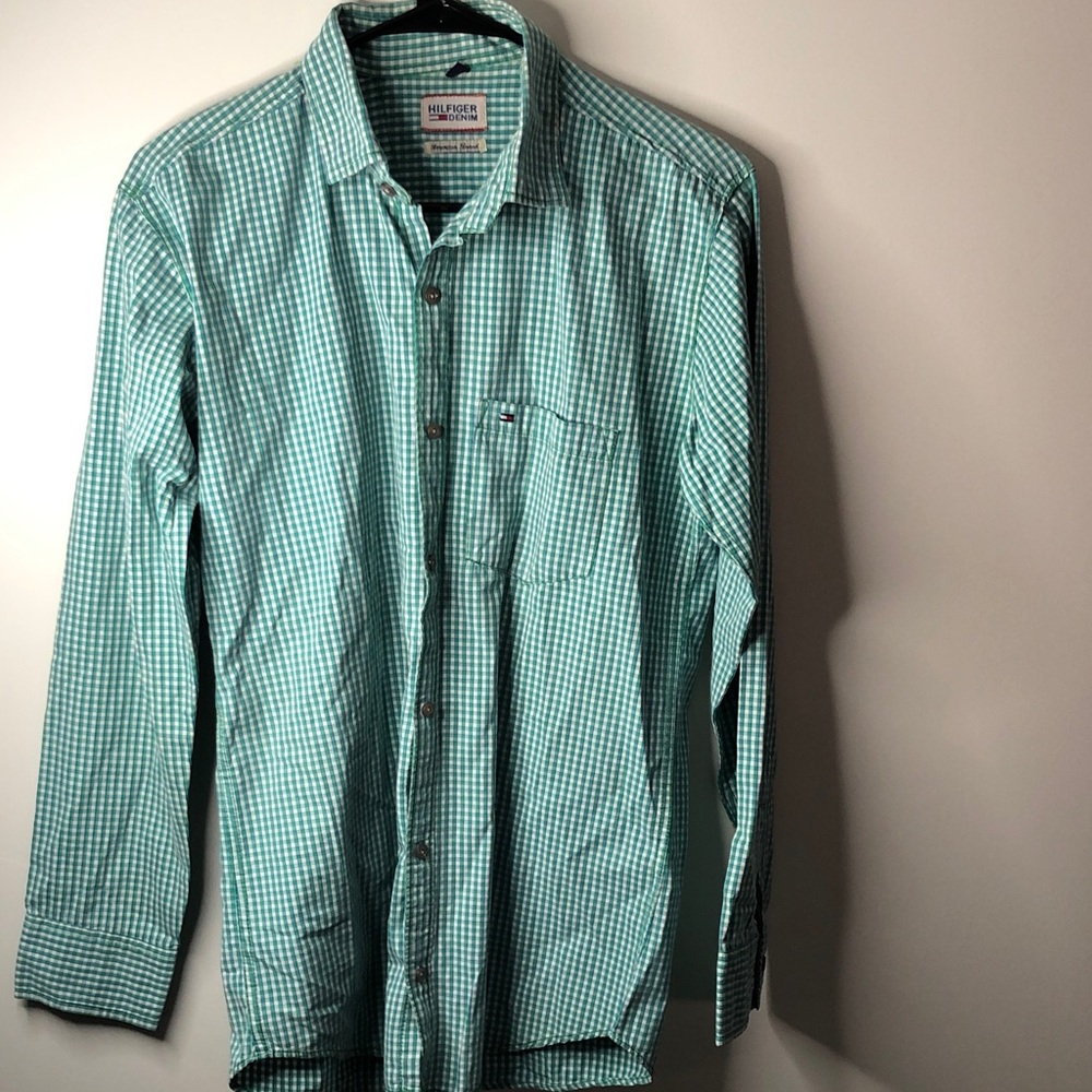 Tommy Hilfiger Men's Aqua Checkered Button Down Shirt
